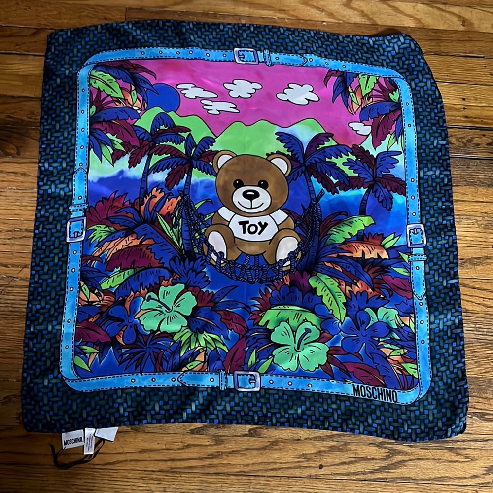 Moschino Teddy bear in a hammock print silk scarf NWT